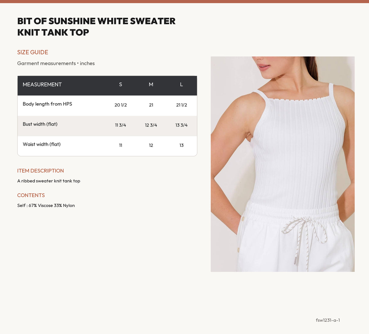 BIT OF SUNSHINE WHITE SWEATER KNIT TANK TOP size chart