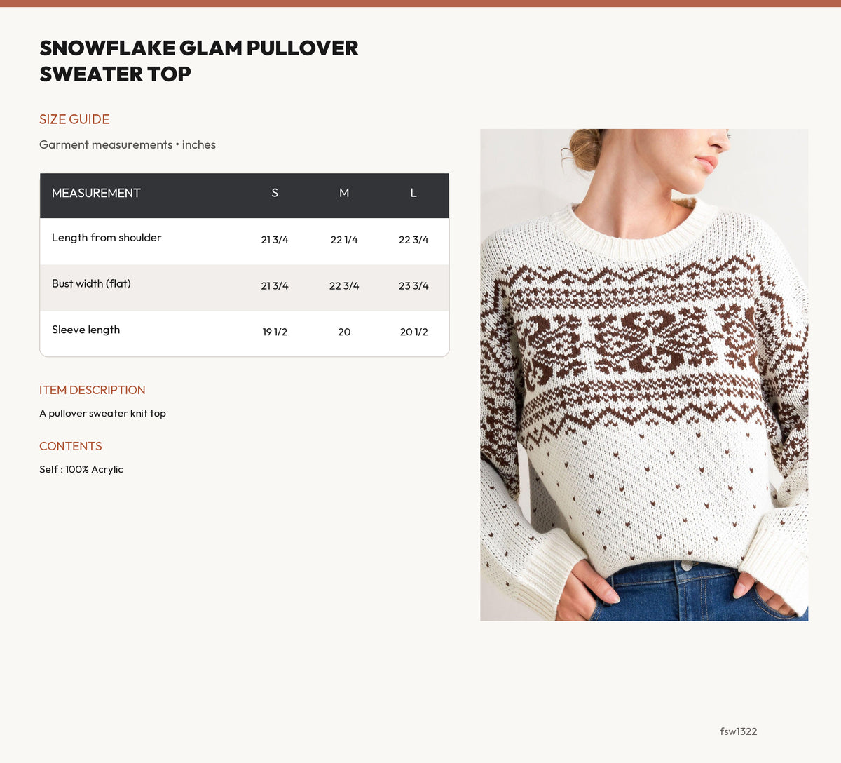 SNOWFLAKE GLAM PULLOVER SWEATER TOP size chart