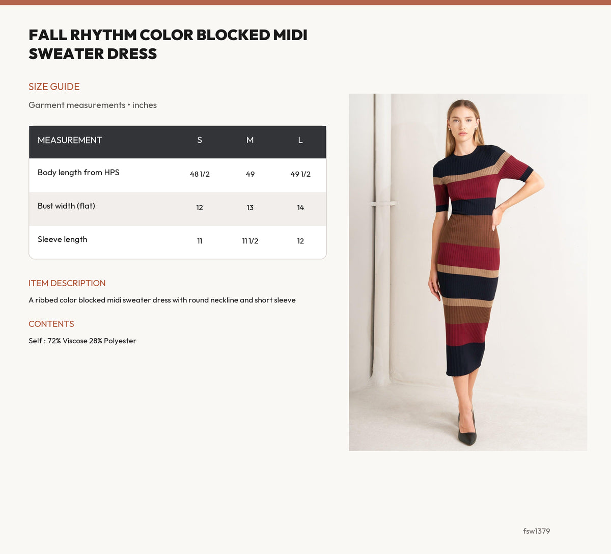 FALL RHYTHM COLOR BLOCKED MIDI SWEATER DRESS size chart