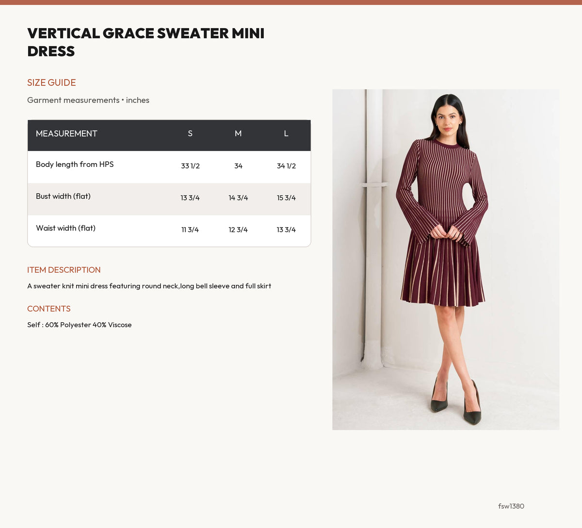 VERTICAL GRACE SWEATER MINI DRESS size chart
