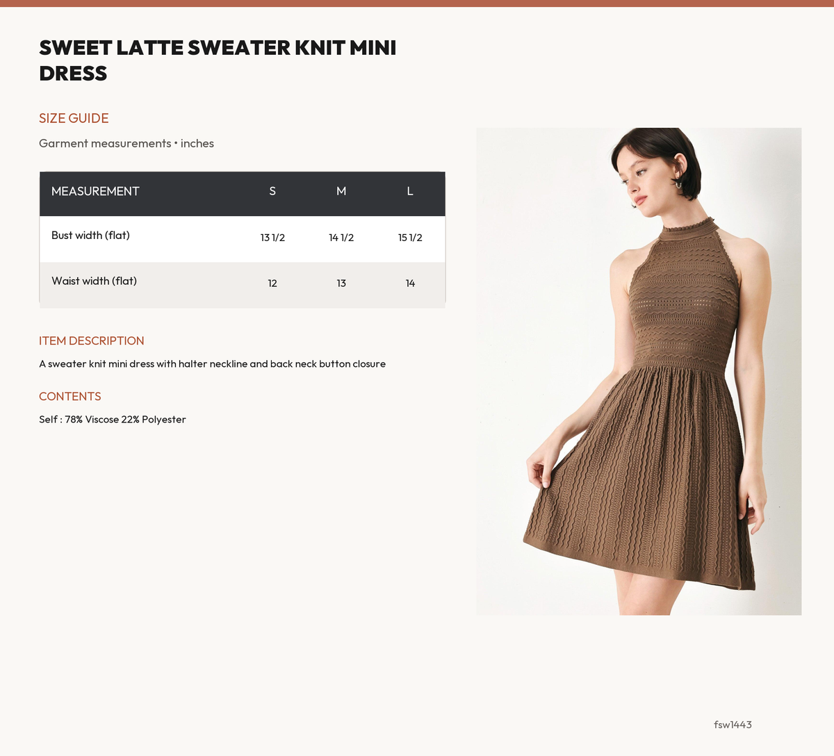 SWEET LATTE SWEATER KNIT MINI DRESS size chart