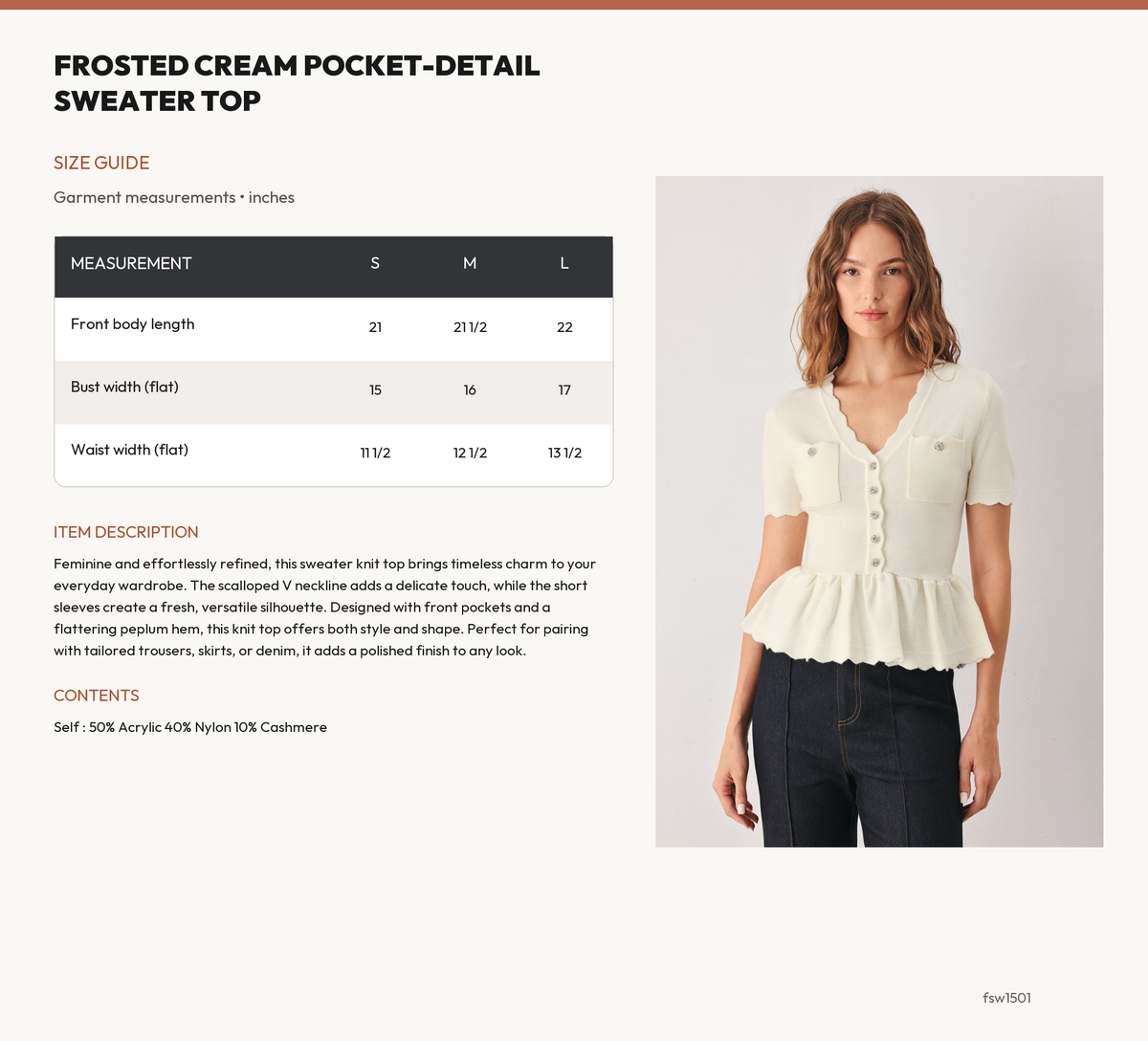 FROSTED CREAM POCKET-DETAIL SWEATER TOP size chart