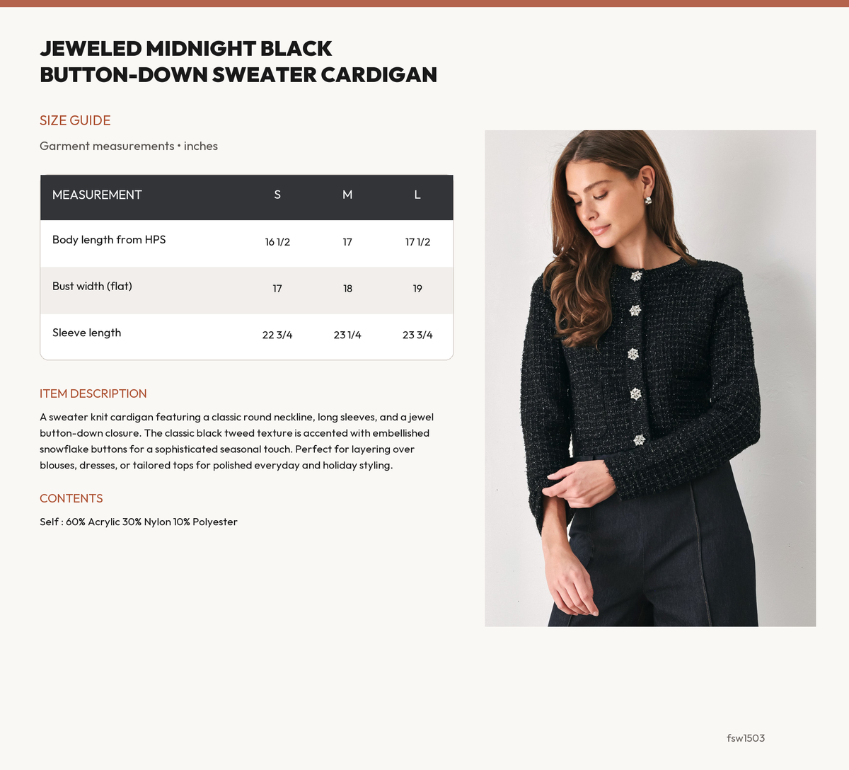 JEWELED MIDNIGHT BLACK BUTTON-DOWN SWEATER CARDIGAN size chart