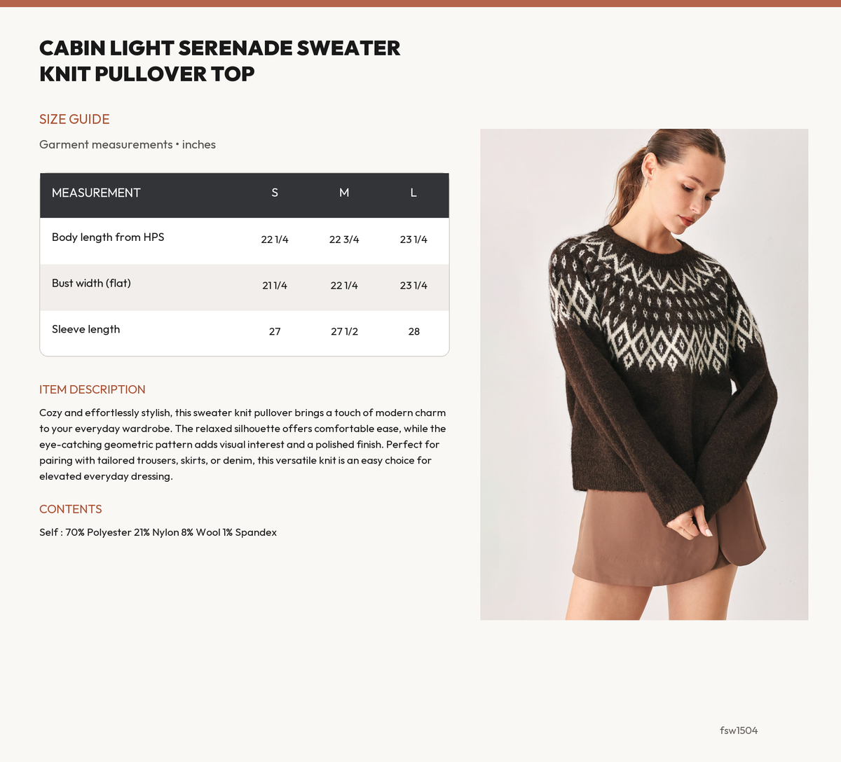 CABIN LIGHT SERENADE SWEATER KNIT PULLOVER TOP size chart