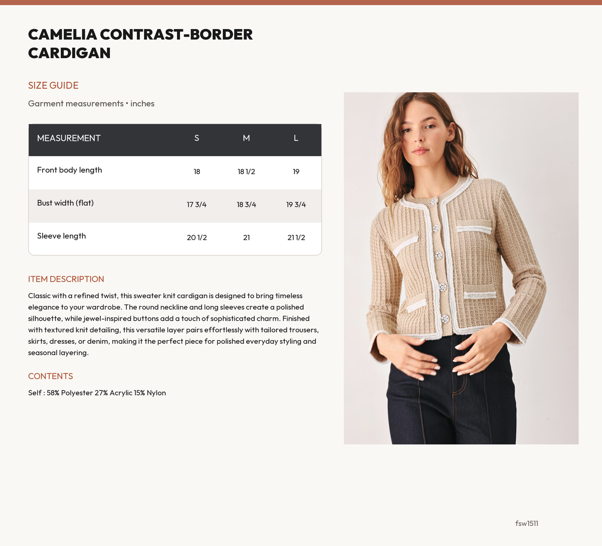 CAMELIA CONTRAST-BORDER CARDIGAN size chart
