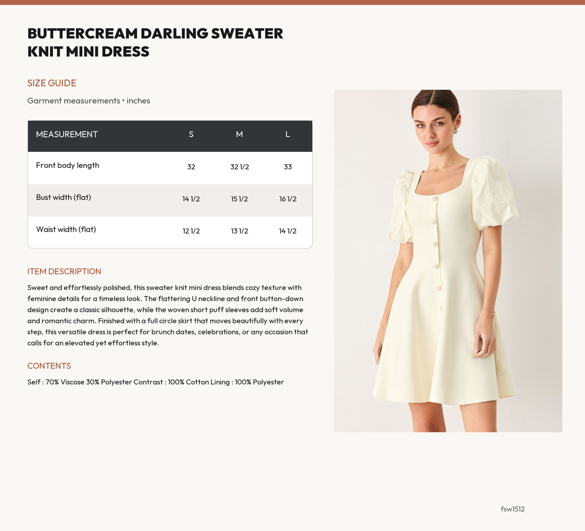 BUTTERCREAM DARLING SWEATER KNIT MINI DRESS size chart