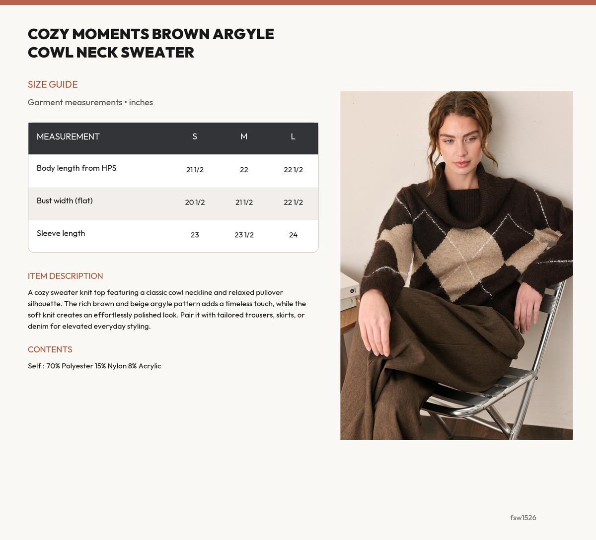 COZY MOMENTS BROWN ARGYLE COWL NECK SWEATER size chart