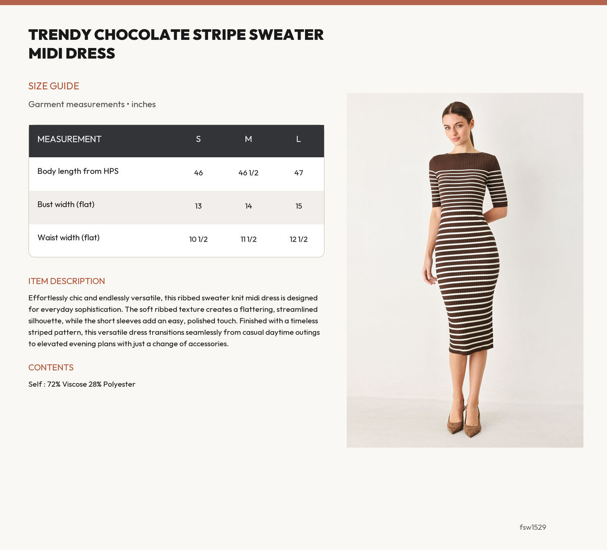 TRENDY CHOCOLATE STRIPE SWEATER MIDI DRESS size chart