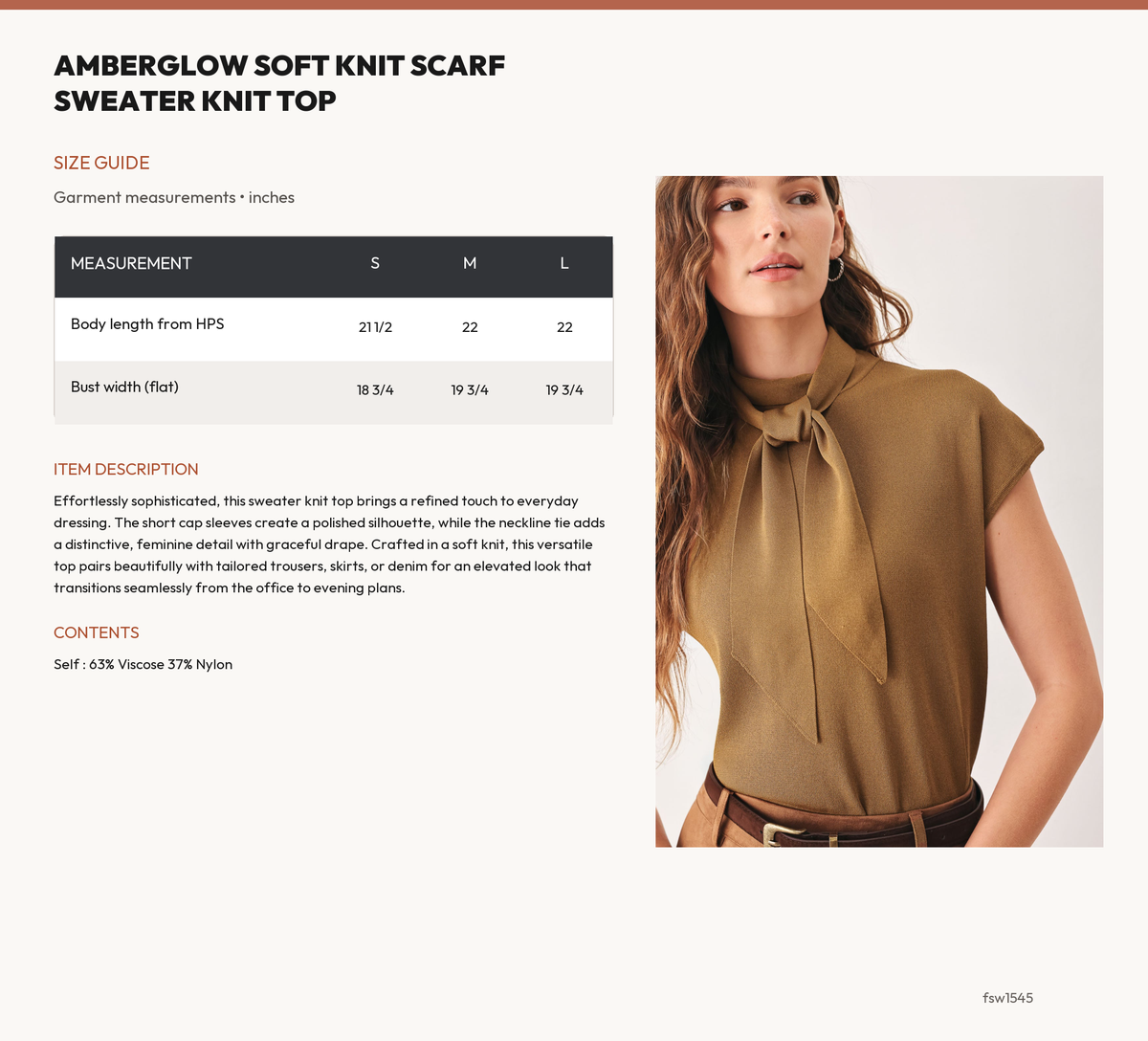 AMBERGLOW SOFT KNIT SCARF SWEATER KNIT TOP size chart
