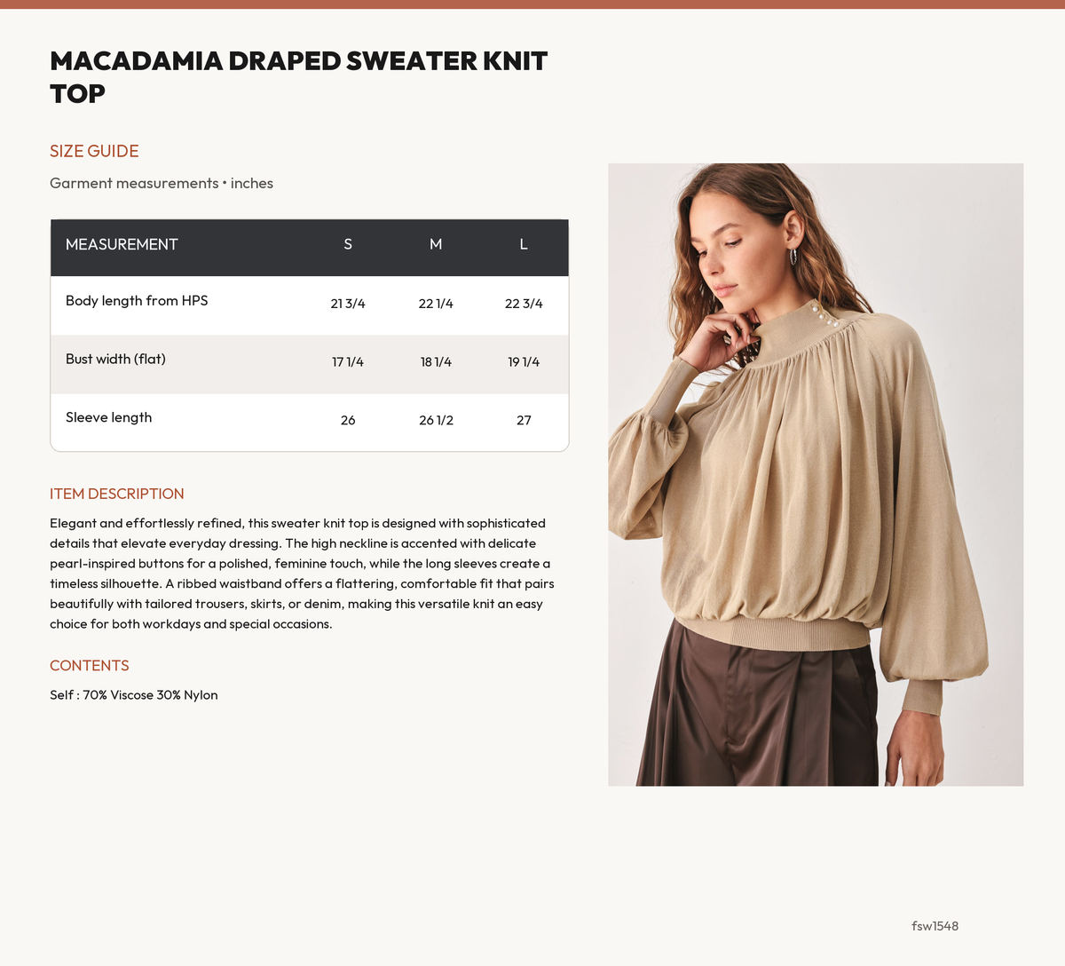 MACADAMIA DRAPED SWEATER KNIT TOP size chart