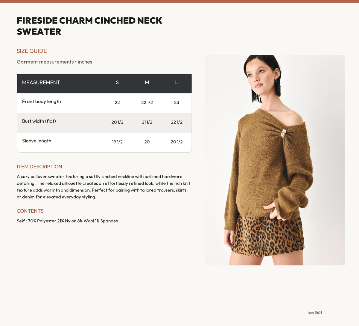 FIRESIDE CHARM CINCHED NECK SWEATER size chart