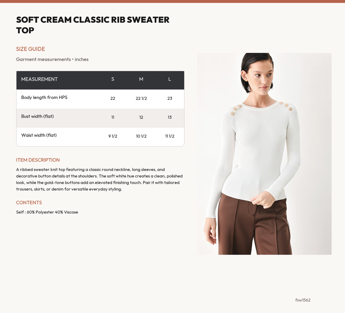 SOFT CREAM CLASSIC RIB SWEATER TOP size chart