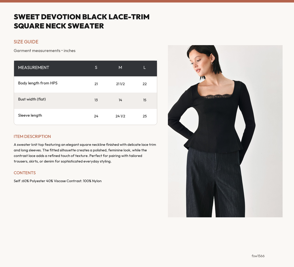 SWEET DEVOTION BLACK LACE-TRIM SQUARE NECK SWEATER size chart
