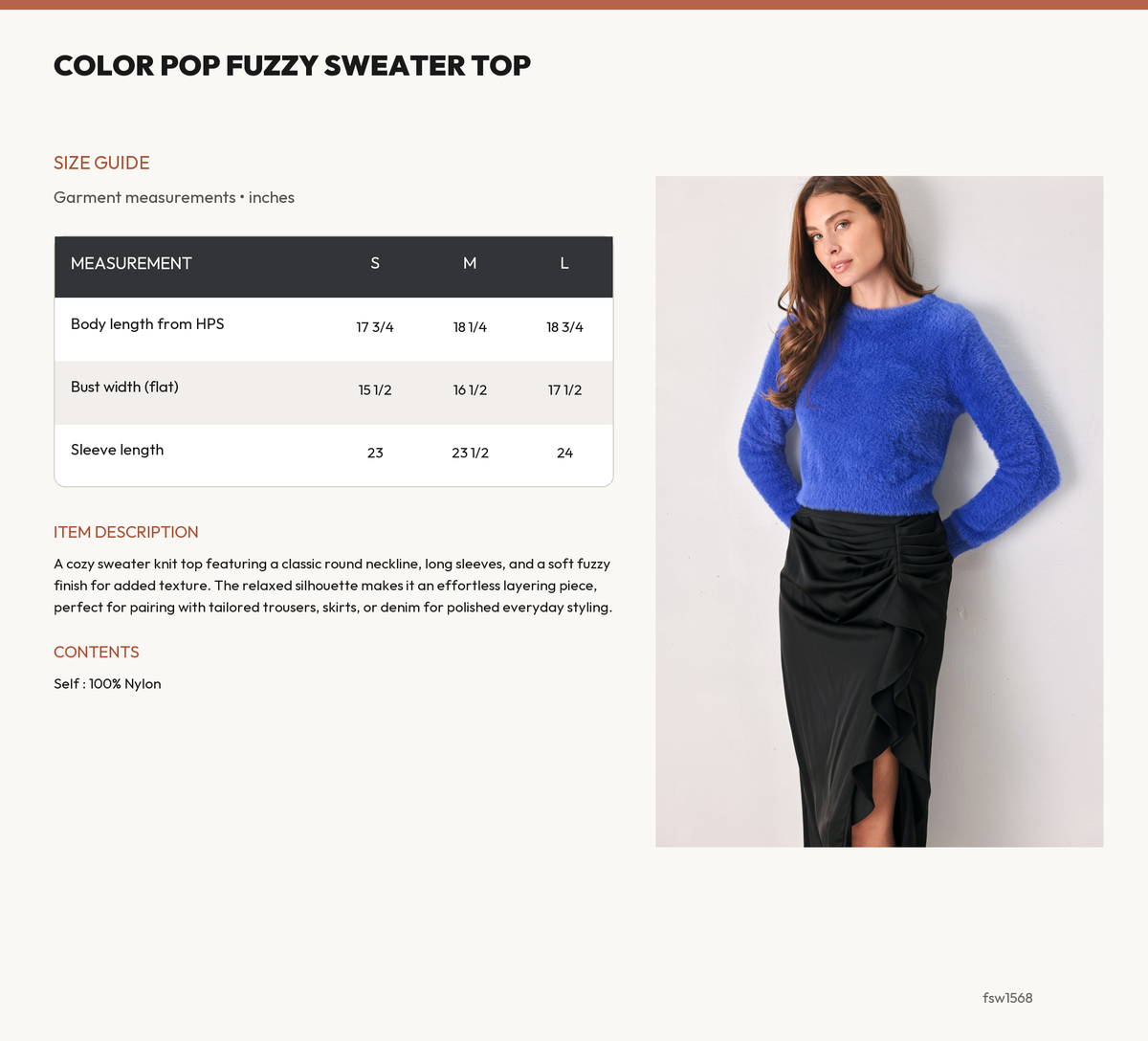 COLOR POP FUZZY SWEATER TOP size chart