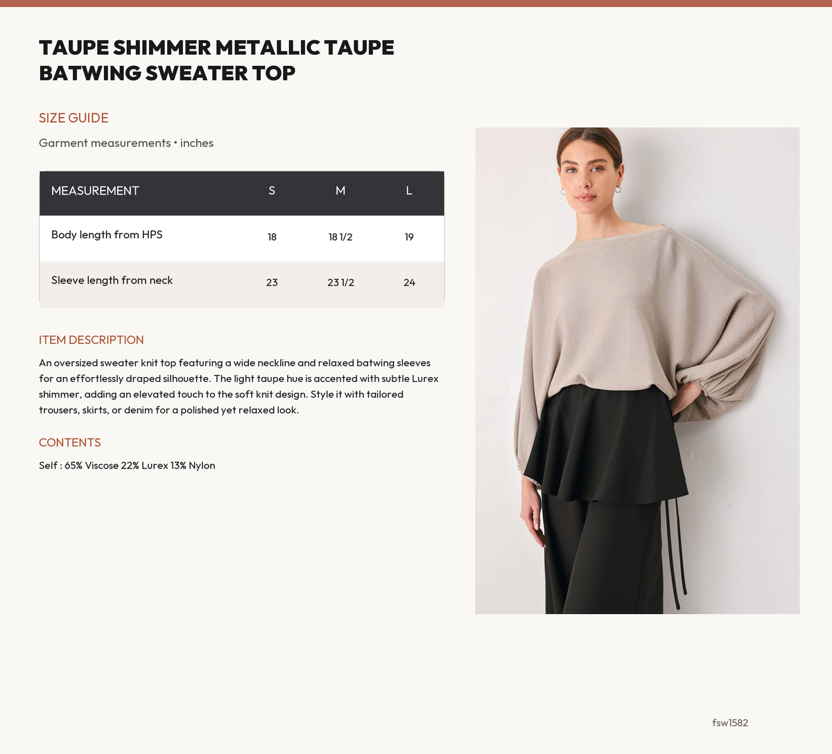 TAUPE SHIMMER METALLIC TAUPE BATWING SWEATER TOP size chart
