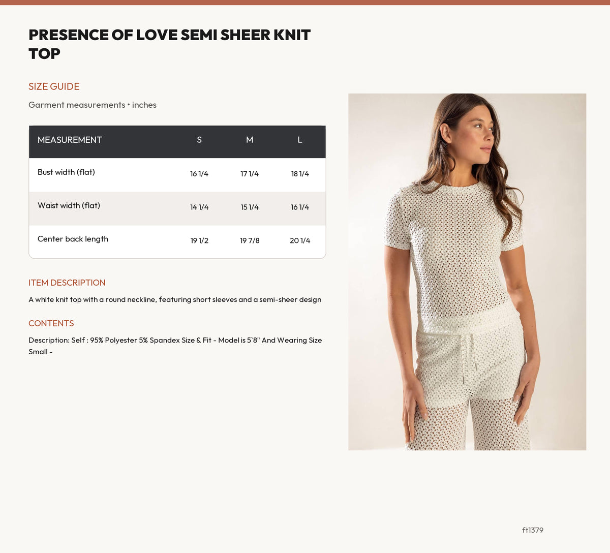 PRESENCE OF LOVE SEMI SHEER KNIT TOP size chart