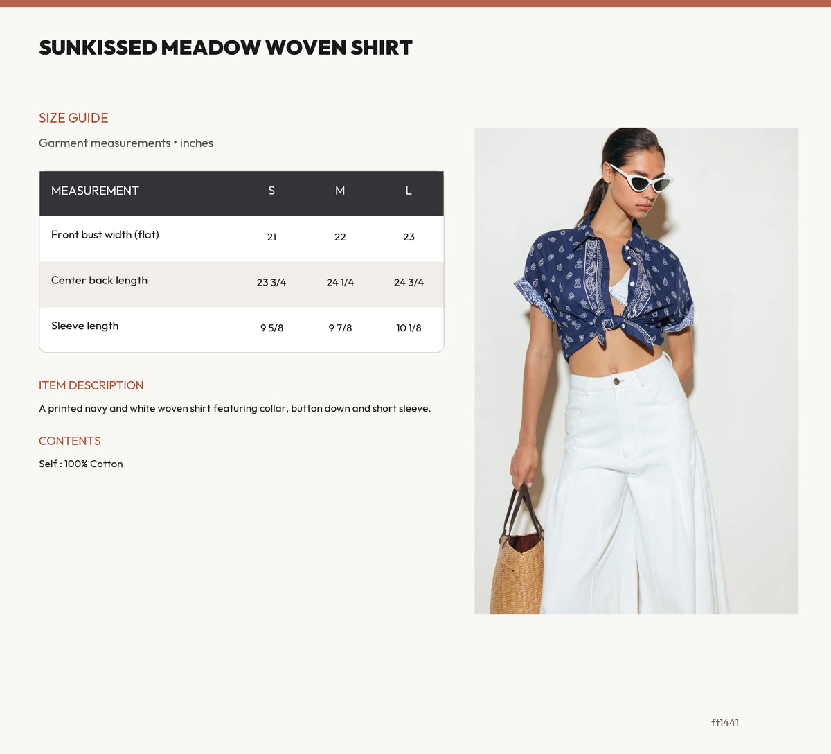 SUNKISSED MEADOW WOVEN SHIRT size chart