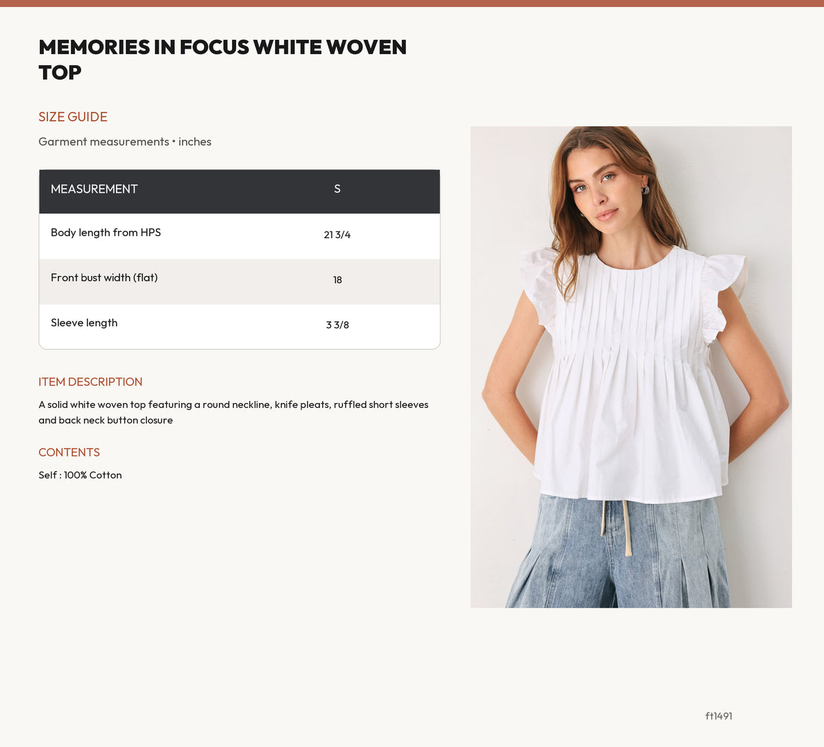 MEMORIES IN FOCUS WHITE WOVEN TOP size chart