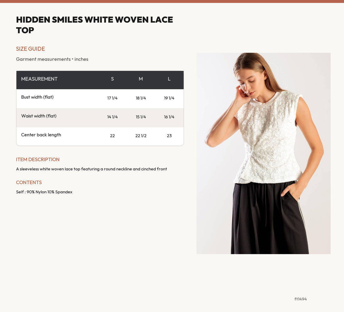 HIDDEN SMILES WHITE WOVEN LACE TOP size chart