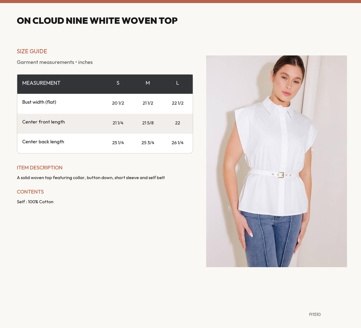 ON CLOUD NINE WHITE WOVEN TOP size chart
