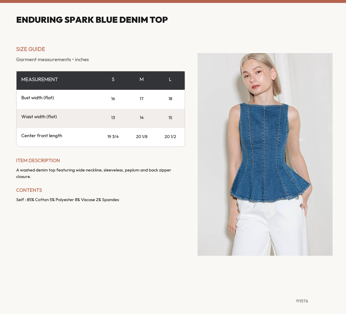 ENDURING SPARK BLUE DENIM TOP size chart