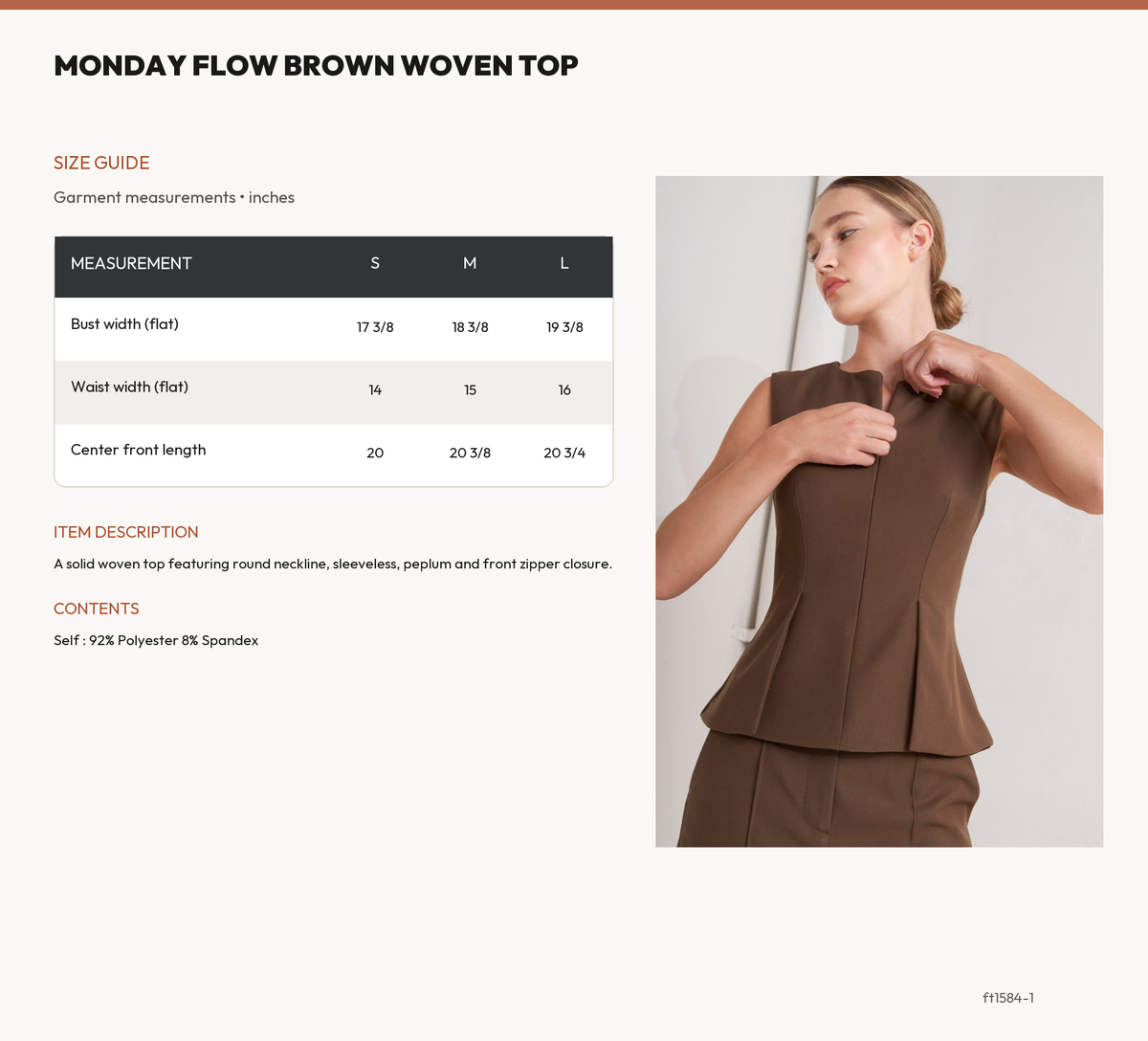 MONDAY FLOW BROWN WOVEN TOP size chart