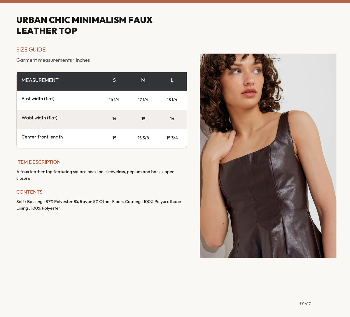 URBAN CHIC MINIMALISM FAUX LEATHER TOP size chart