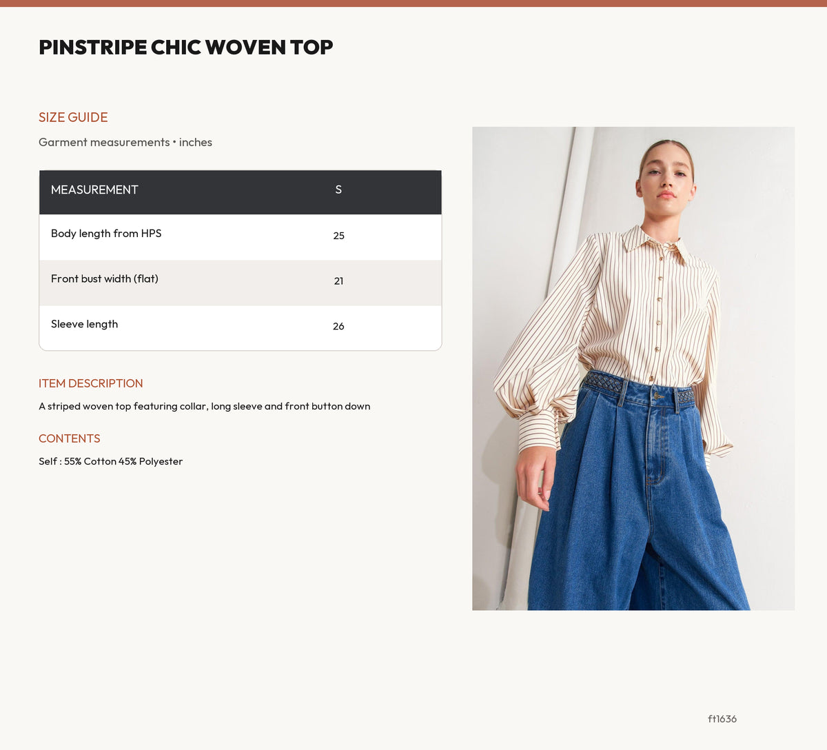 PINSTRIPE CHIC WOVEN TOP size chart