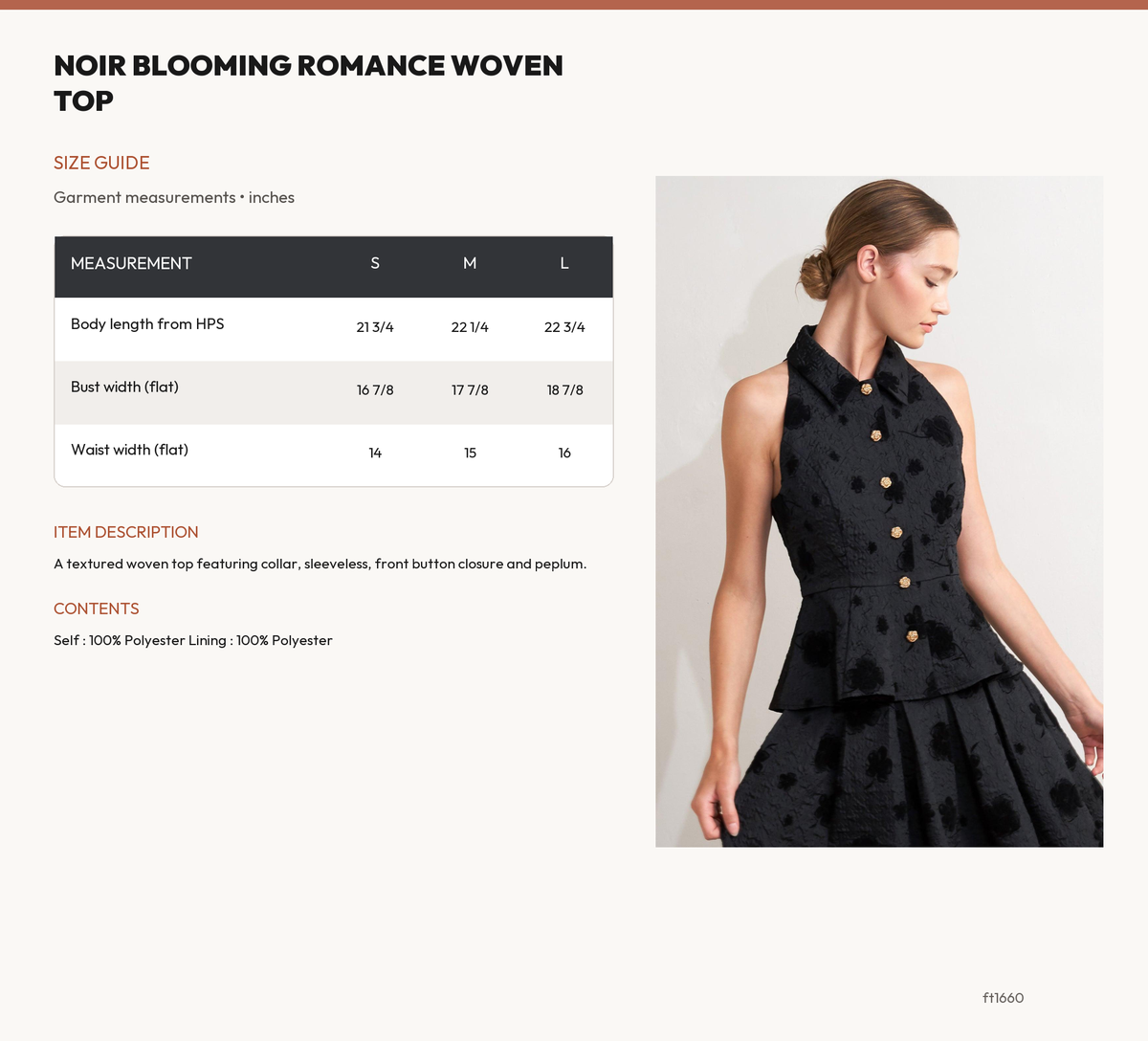 NOIR BLOOMING ROMANCE WOVEN TOP size chart