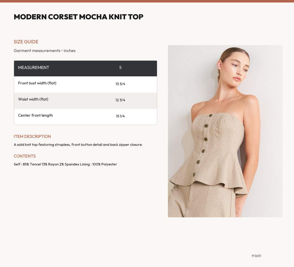 MODERN CORSET MOCHA KNIT TOP size chart