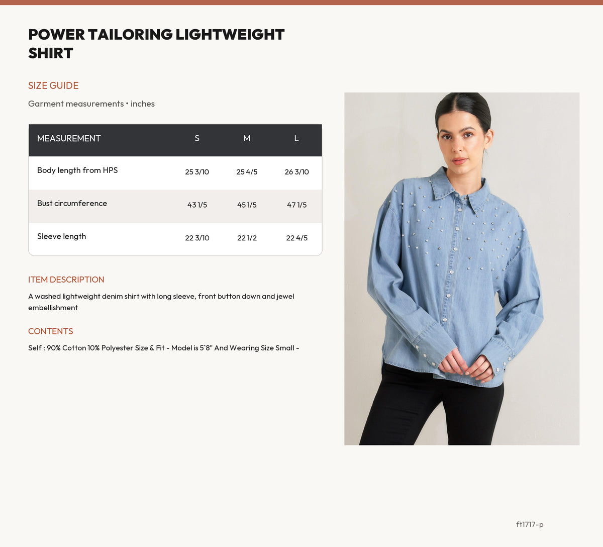 POWER TAILORING LIGHTWEIGHT SHIRT size chart