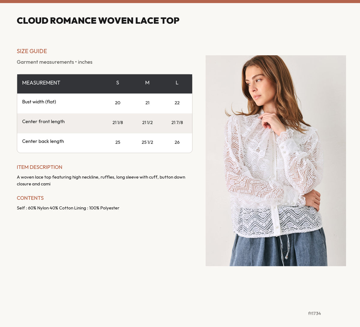 CLOUD ROMANCE WOVEN LACE TOP size chart