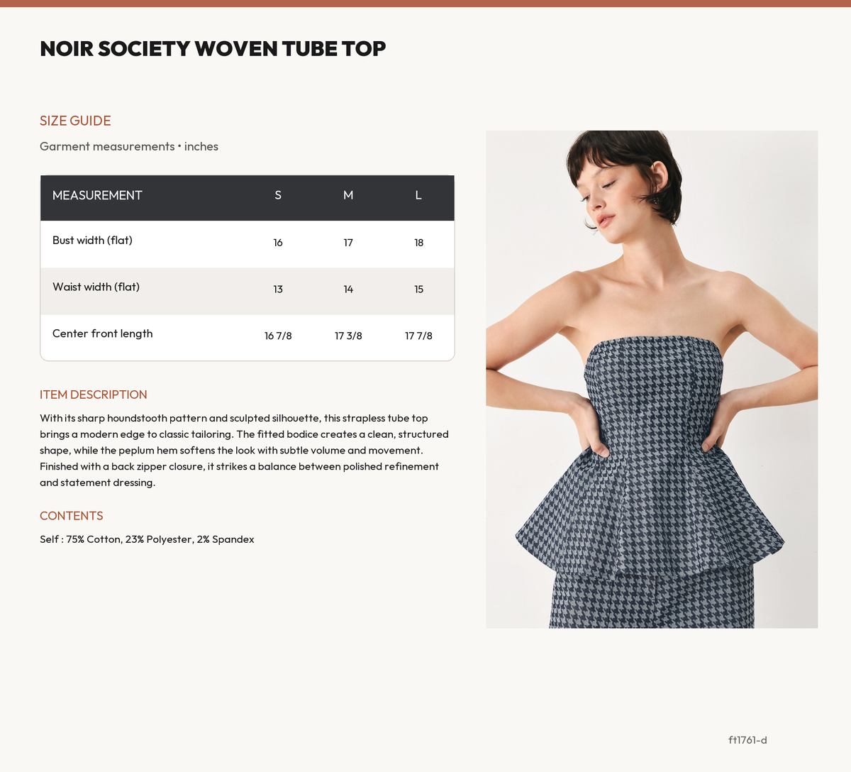 NOIR SOCIETY WOVEN TUBE TOP size chart