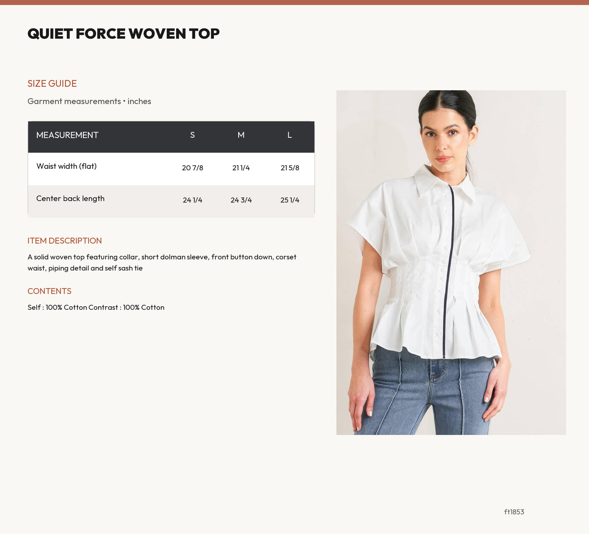 QUIET FORCE WOVEN TOP size chart