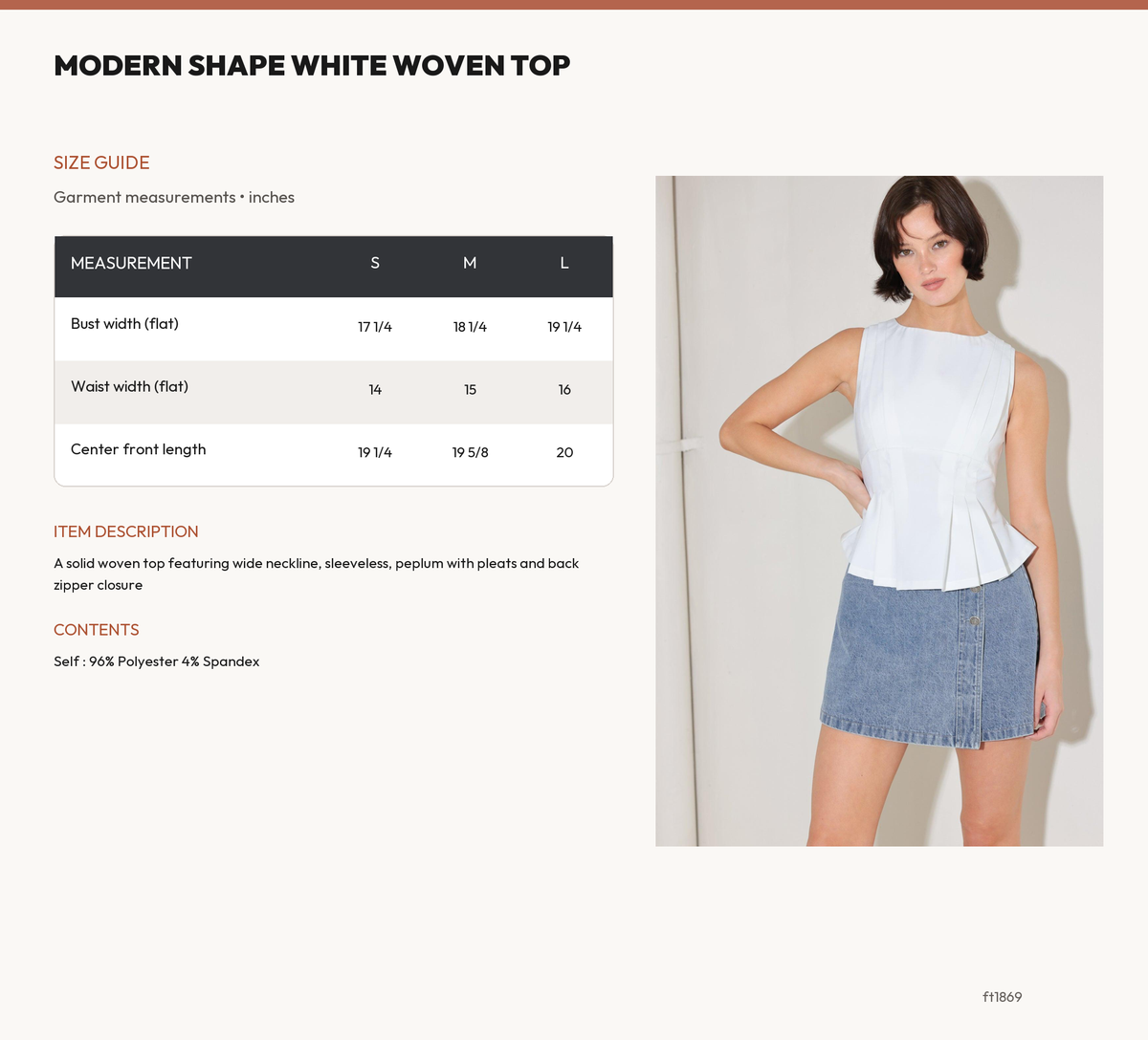 MODERN SHAPE WHITE WOVEN TOP size chart