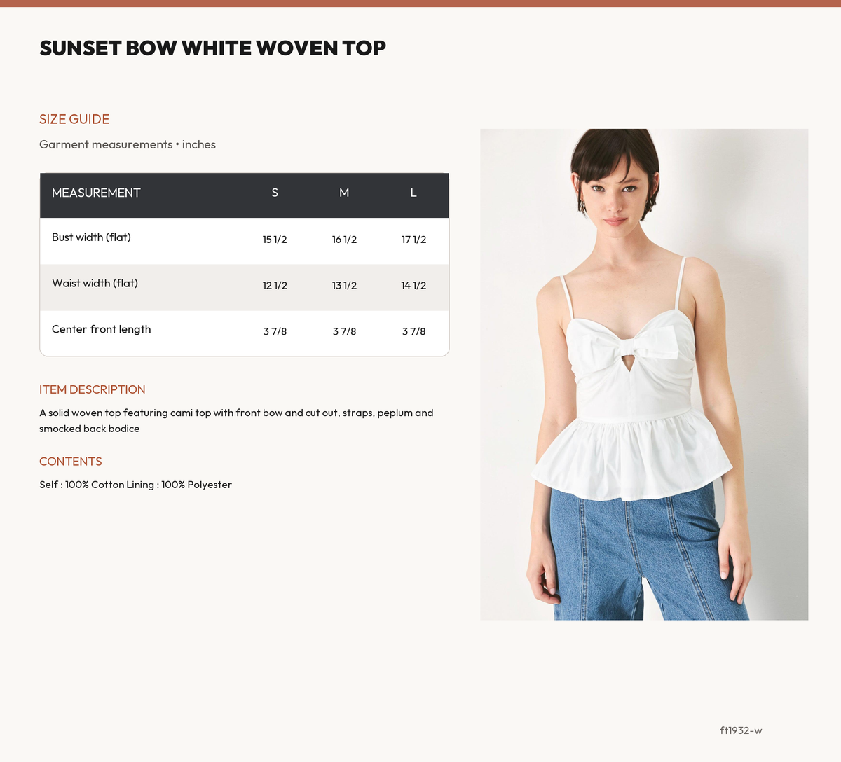 SUNSET BOW WHITE WOVEN TOP size chart