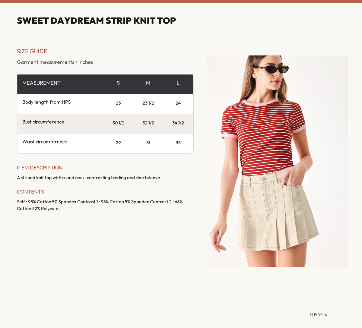 SWEET DAYDREAM STRIP KNIT TOP size chart