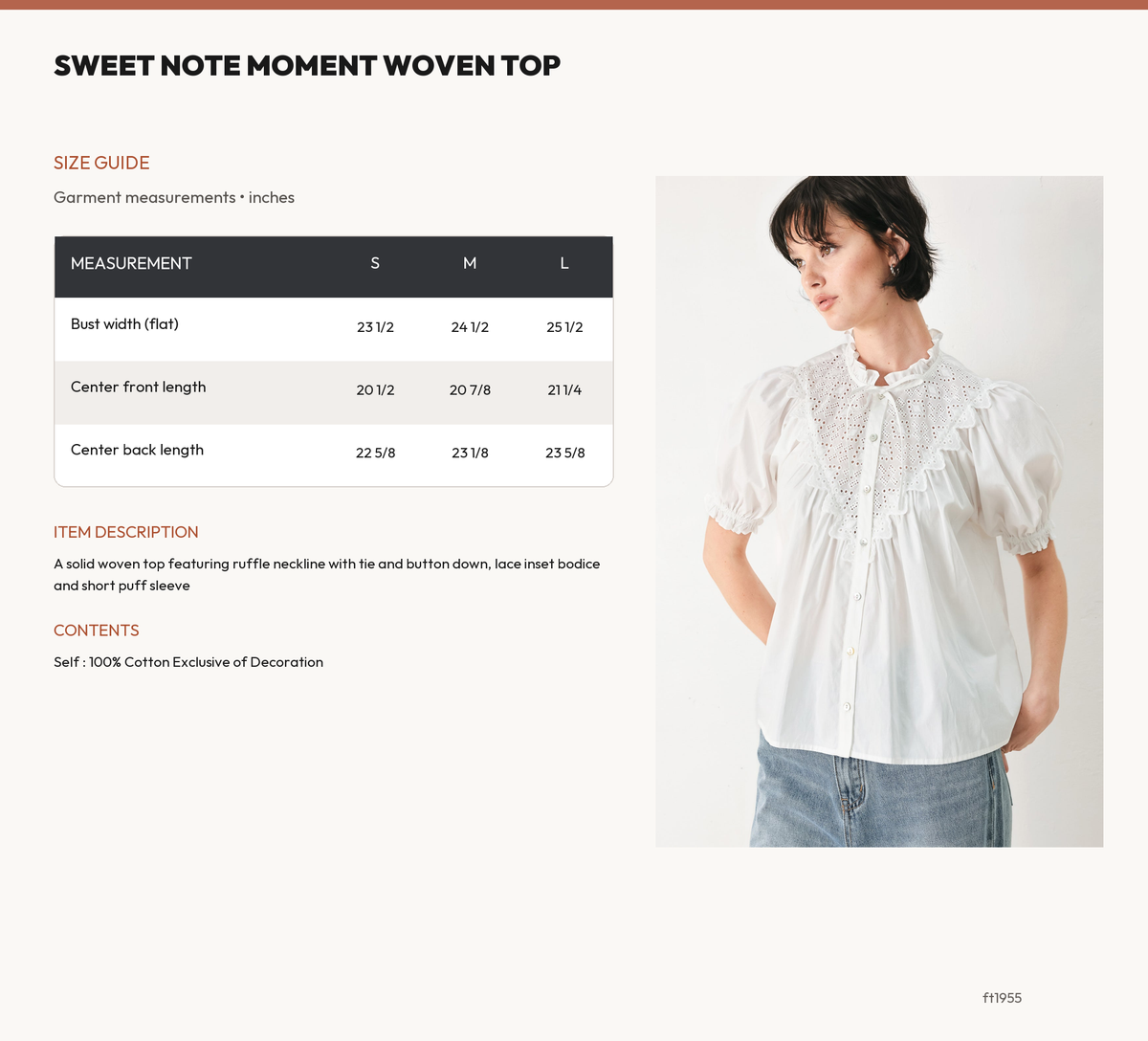 SWEET NOTE MOMENT WOVEN TOP size chart