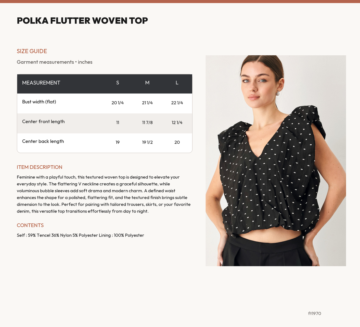 POLKA FLUTTER WOVEN TOP size chart