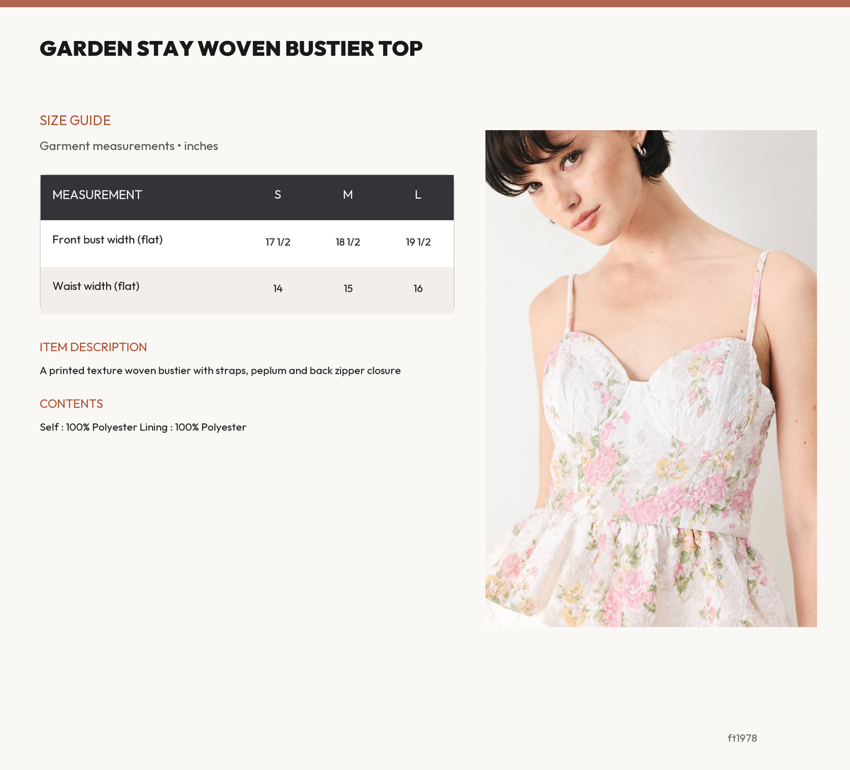 GARDEN STAY WOVEN BUSTIER TOP size chart