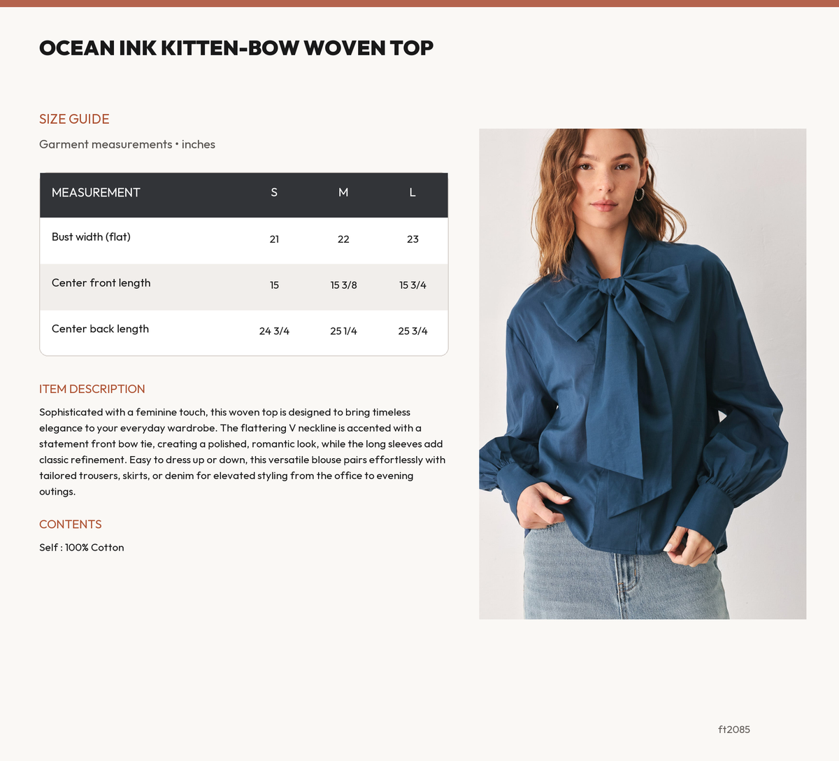 OCEAN INK KITTEN-BOW WOVEN TOP size chart