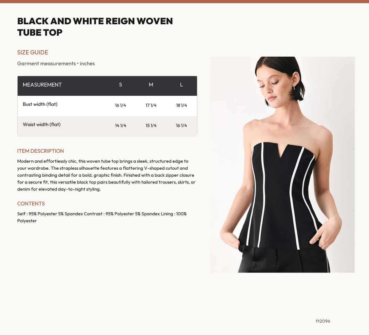 BLACK AND WHITE REIGN WOVEN TUBE TOP size chart
