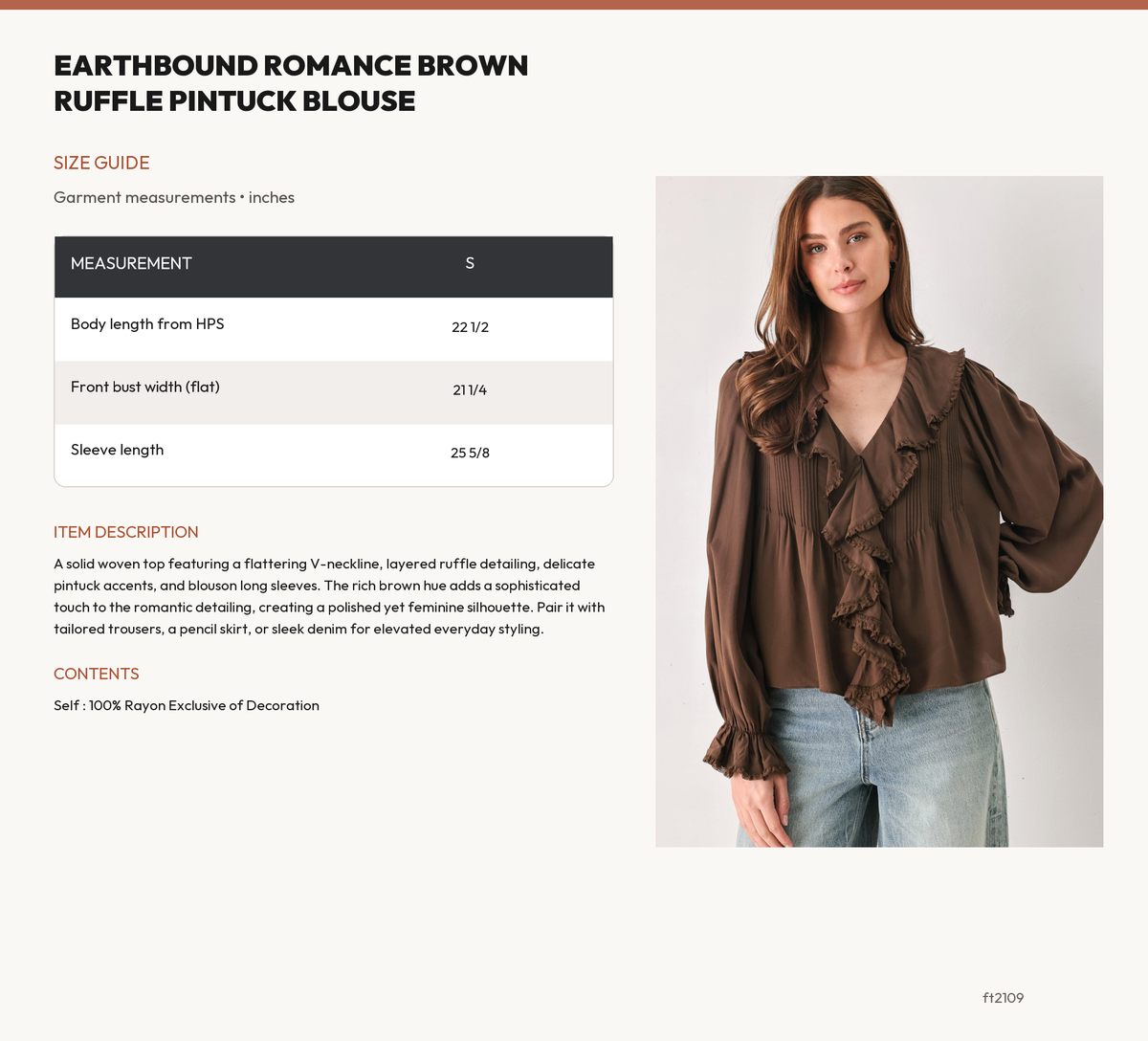EARTHBOUND ROMANCE BROWN RUFFLE PINTUCK BLOUSE size chart