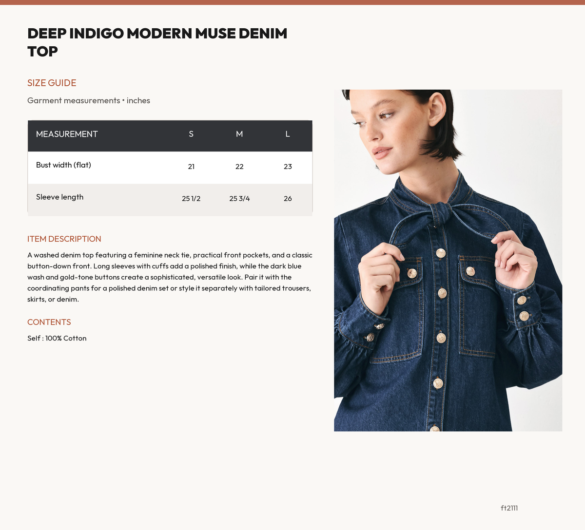 DEEP INDIGO MODERN MUSE DENIM TOP size chart