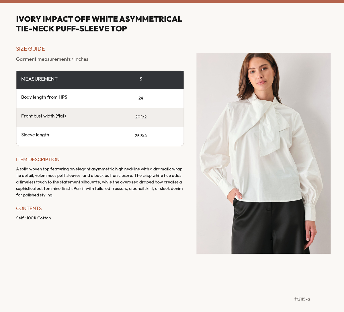 IVORY IMPACT OFF WHITE ASYMMETRICAL TIE-NECK PUFF-SLEEVE TOP size chart