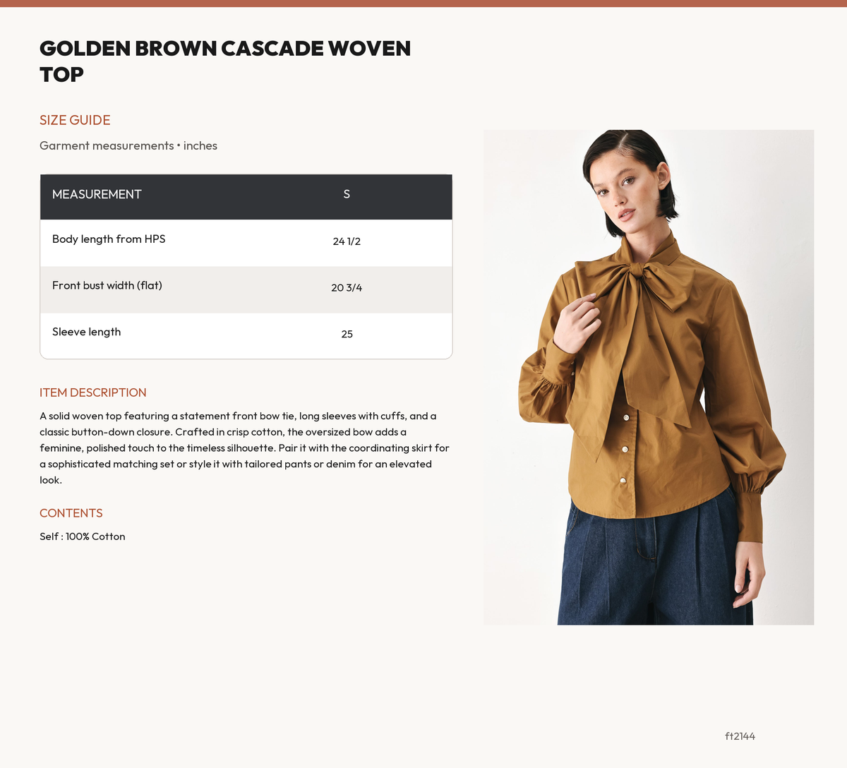 GOLDEN BROWN CASCADE WOVEN TOP size chart