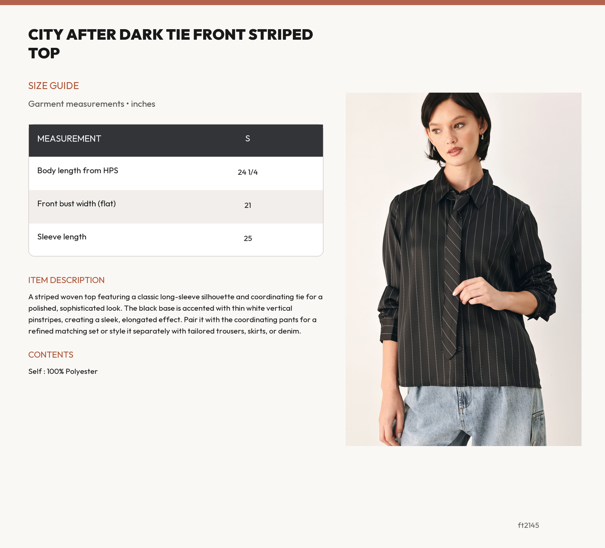 CITY AFTER DARK TIE FRONT STRIPED TOP size chart