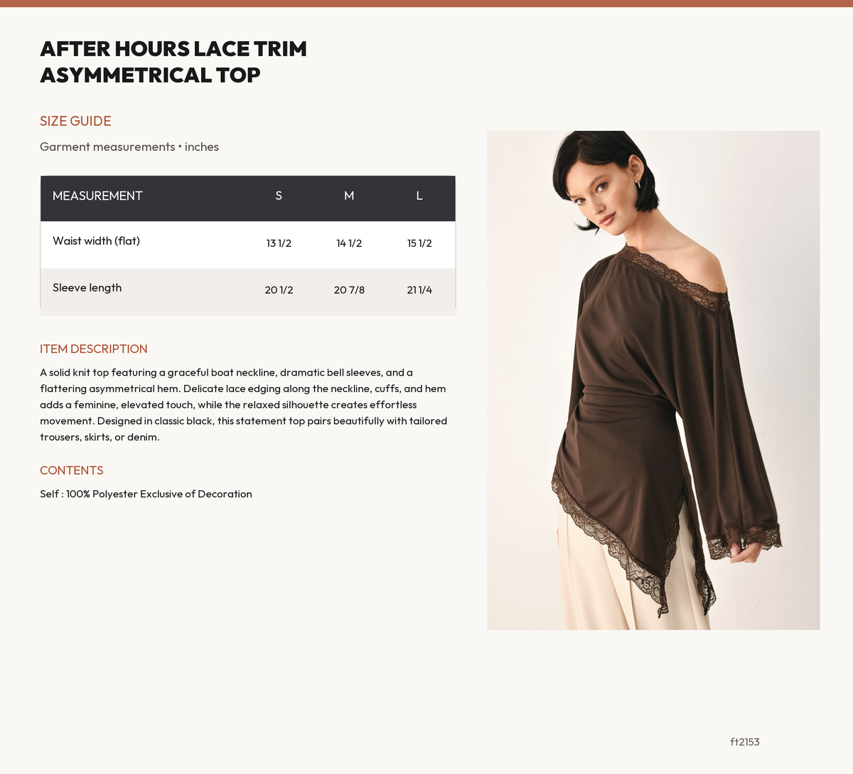 AFTER HOURS LACE TRIM ASYMMETRICAL TOP size chart