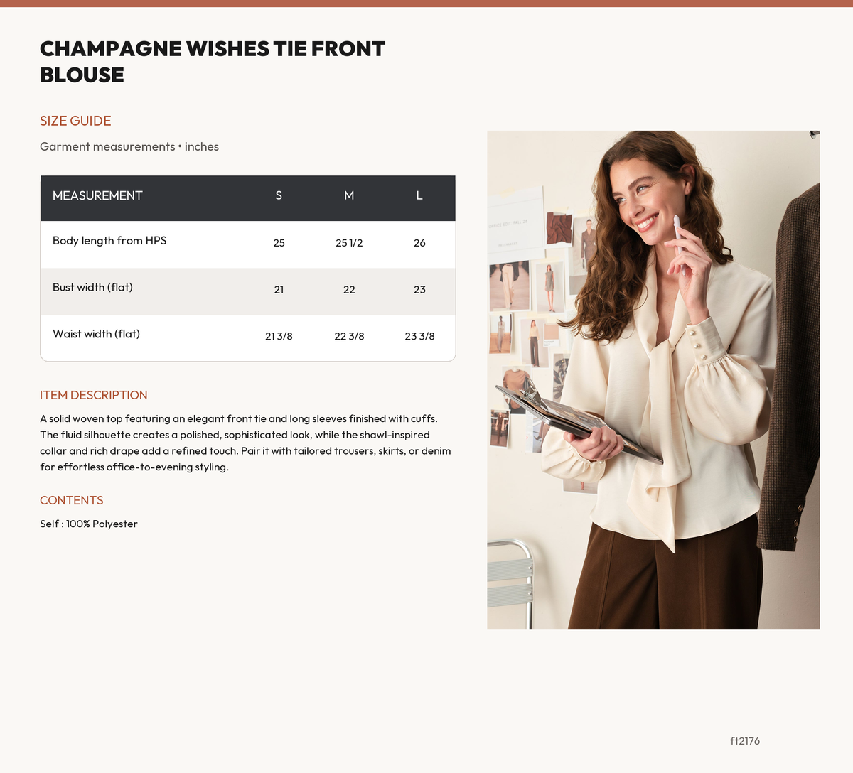 CHAMPAGNE WISHES TIE FRONT BLOUSE size chart