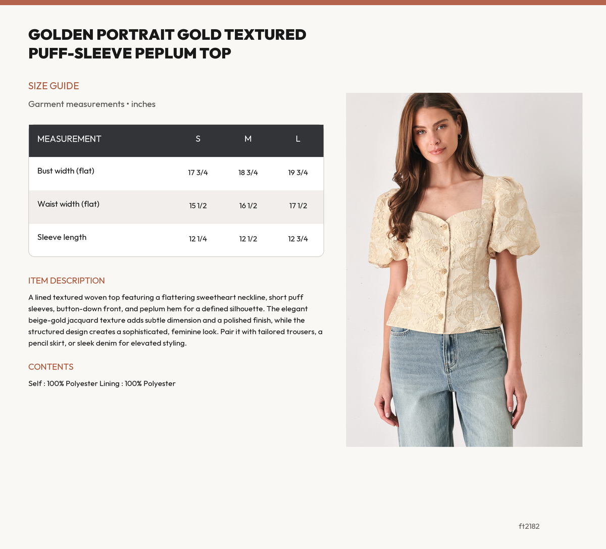 GOLDEN PORTRAIT GOLD TEXTURED PUFF-SLEEVE PEPLUM TOP size chart